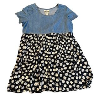 Denim Republic Vintage Daisy Floral Denim Mixed Media Babydoll Dress Medium 90s